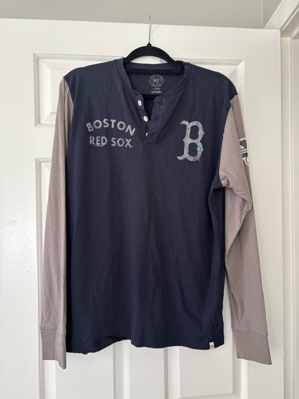 47 Boston Red Sox Navy Long-Sleeve Henley with Gray Sleeves - Size L